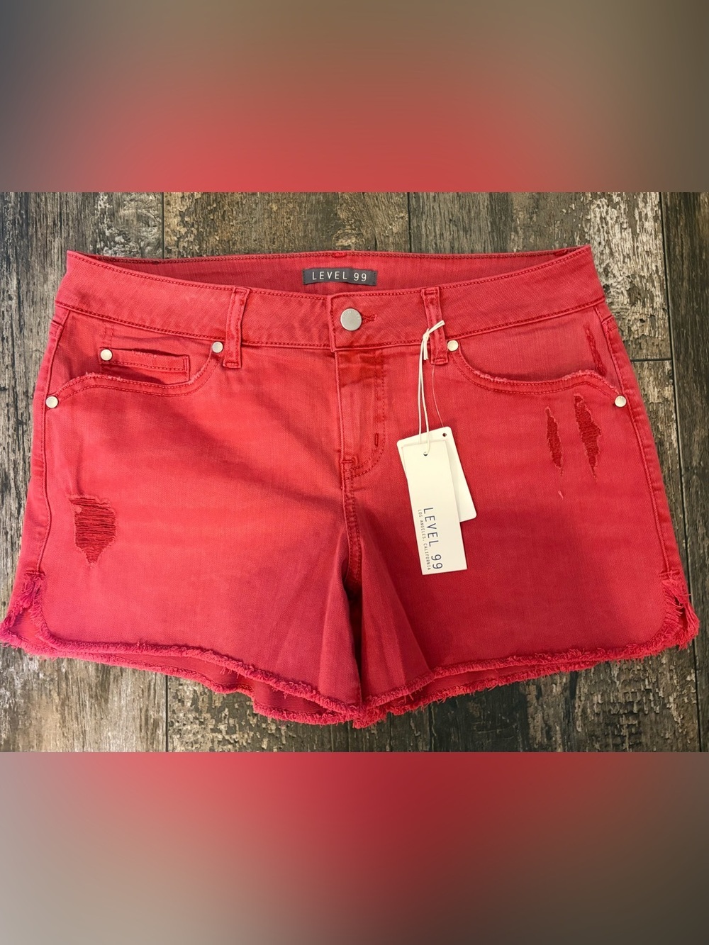 Level 99 Bright Red Distressed Denim Shorts
